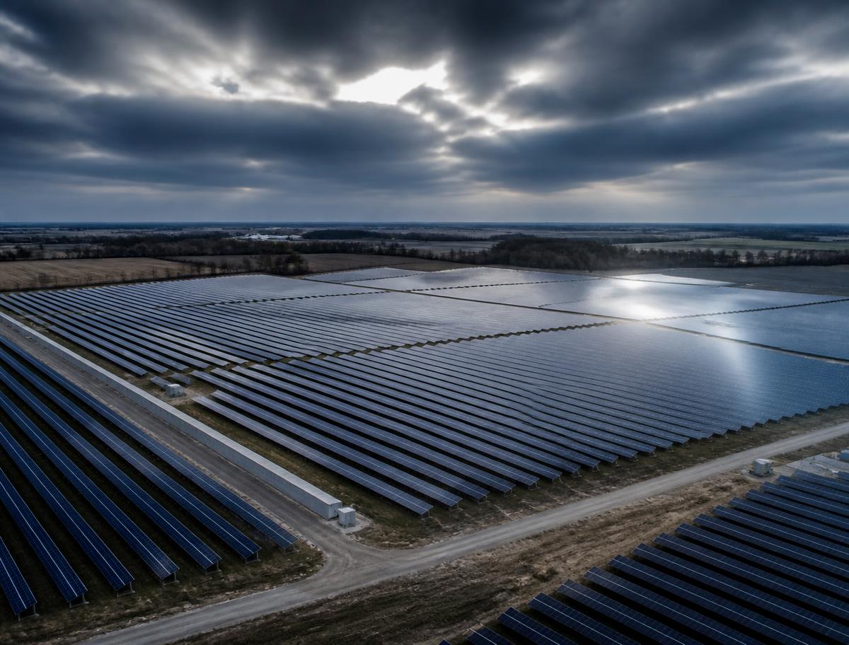 Aerial view of a utility-scale solar array