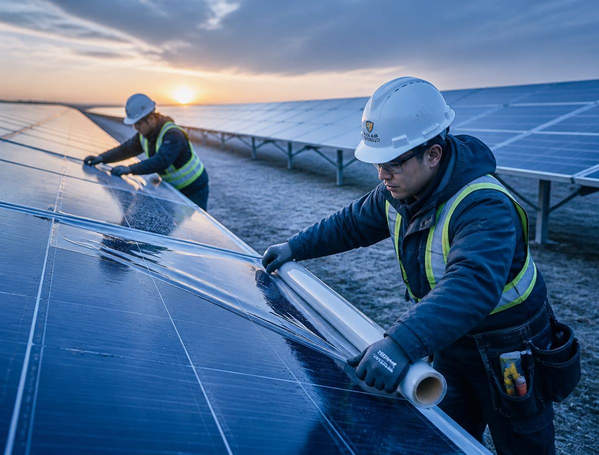 Technicians applying protective shielding on a solar array