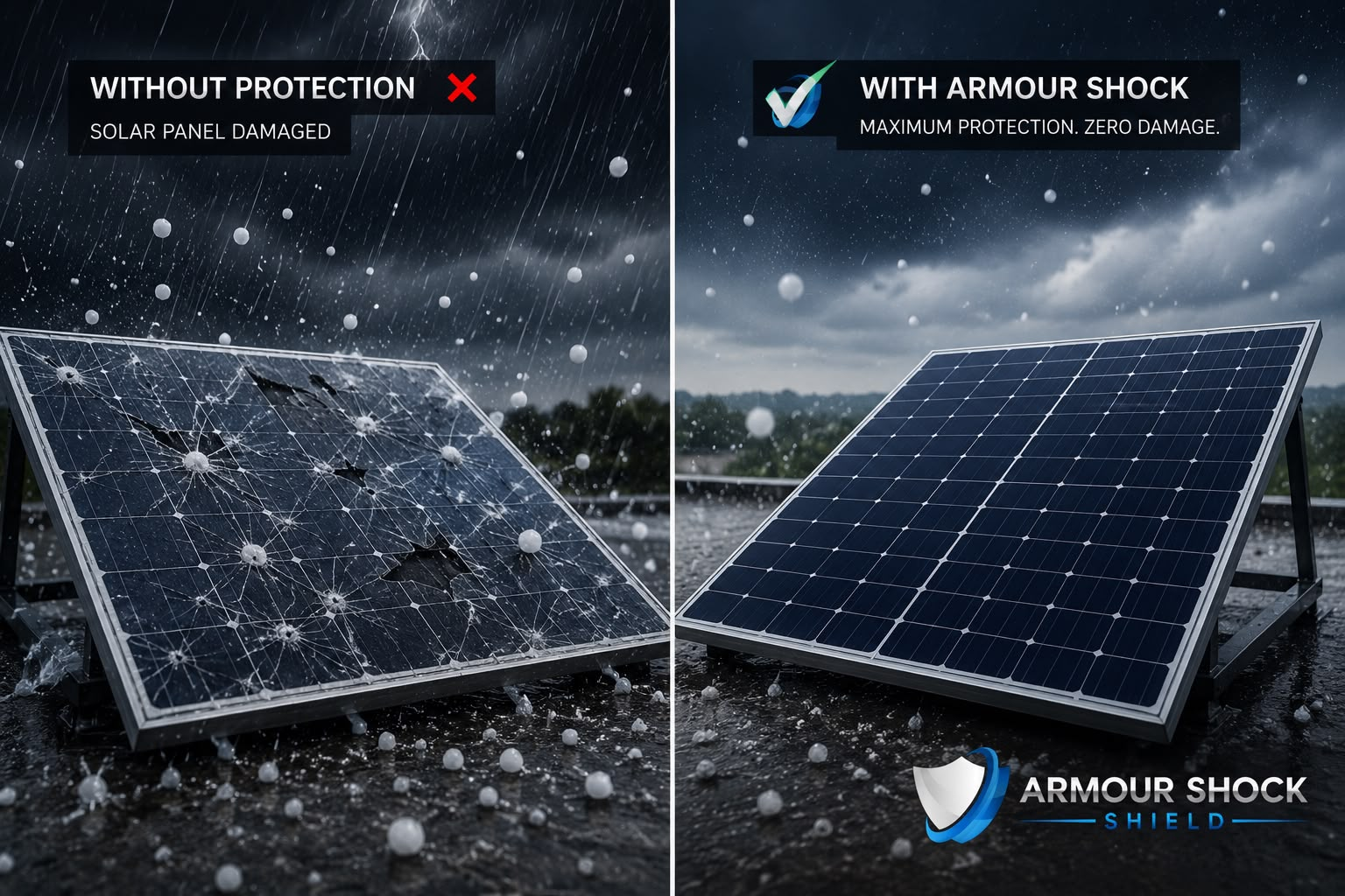 Side-by-side comparison of a hail-damaged solar panel and a panel protected by Armour Shock