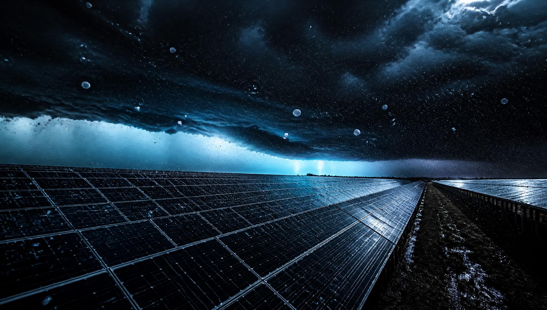 Commercial solar farm under an approaching hail storm