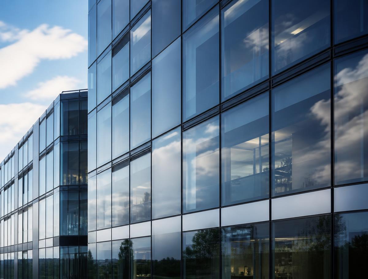 Modern glass facade with solar control and shielding film